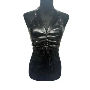 Faux Leather Black Halter Crop Top with Ruched Front Sz M
